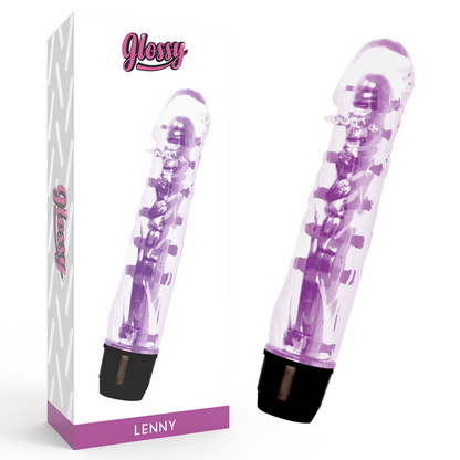 Close-up do Vibrador GLOSSY Lenny Roxo, destacando seu design ergonômico e material TPE.