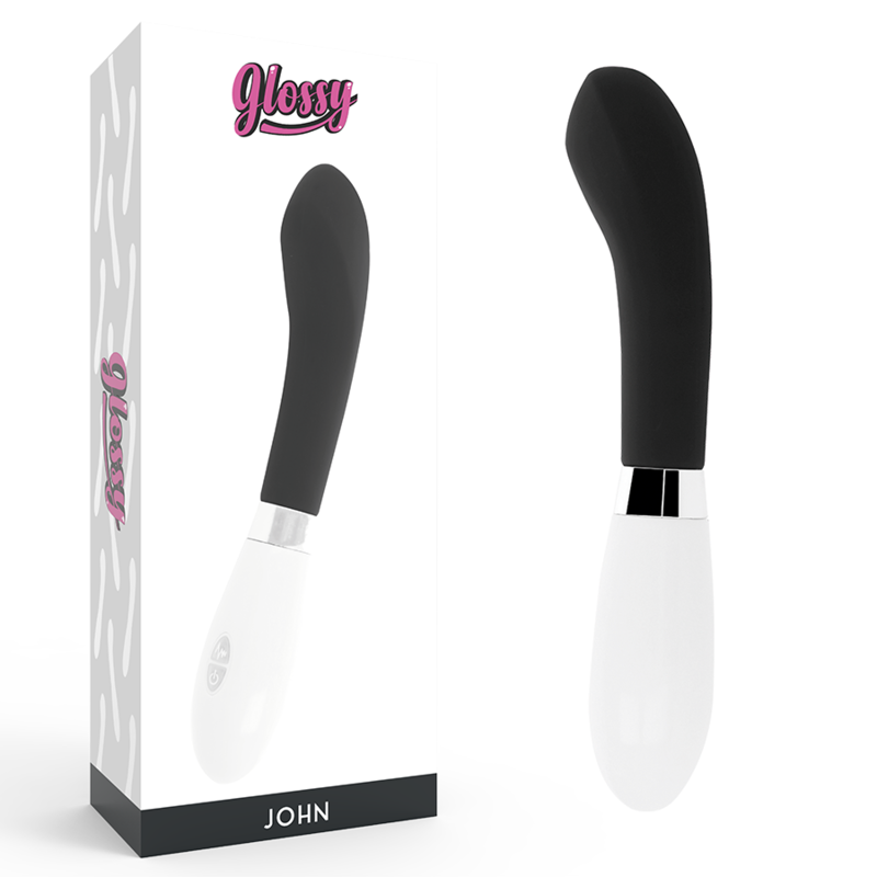 Vibrador GLOSSY John Curvo Preto com 10 funções, feito em silicone macio e à prova de água.