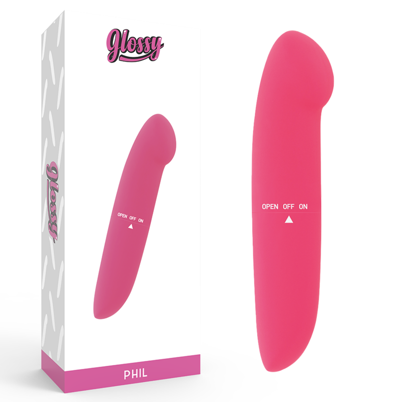 Close-up do Vibrador GLOSSY Phil Compacto Rosa, destacando seu design discreto e material sedoso.