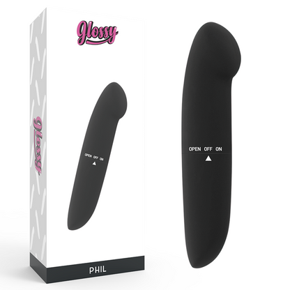 Vibrador GLOSSY Phil Preto para estimulação do ponto G e prazer discreto em viagens.