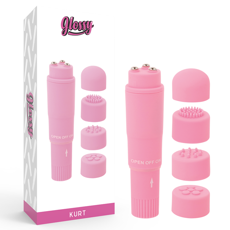 Close-up of the GLOSSY Mini Vibrador Kurt Rosa showing its compact design and interchangeable heads.