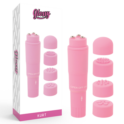 Close-up of the GLOSSY Mini Vibrador Kurt Rosa showing its compact design and interchangeable heads.