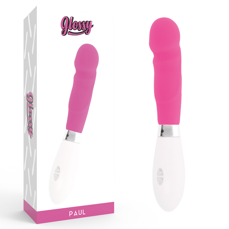 Close-up of the GLOSSY Vibrador Paul Rosa showing its realistic design and smooth, pink silicone texture.