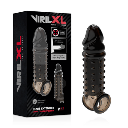 Close-up do VirilXL Extensor Peniano V11 Preto mostrando sua textura macia e design ergonómico.