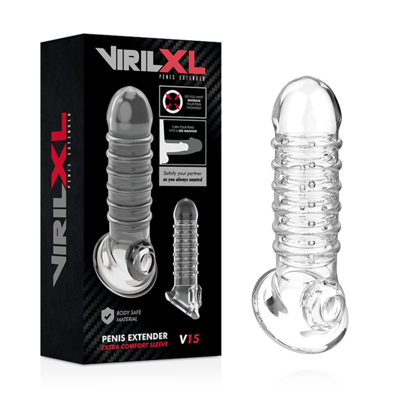 VIRILXL Extensão Peniana V15 Transparente, mostrando sua forma ergonômica e material macio
