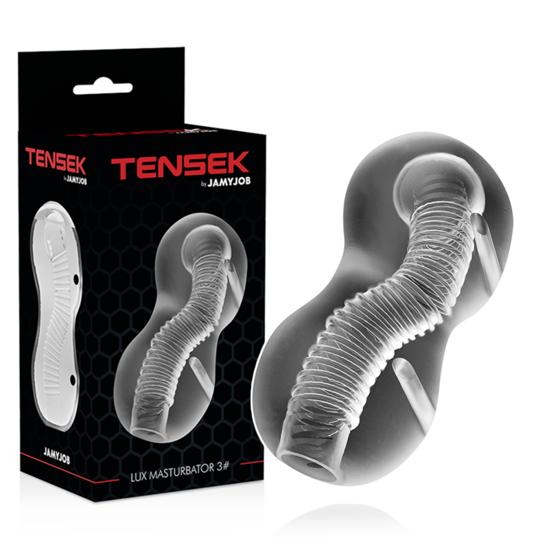 Masturbador masculino JAMYJOB Extreme TENSEK 3 Claro Transparente, exibindo sua textura interna e design