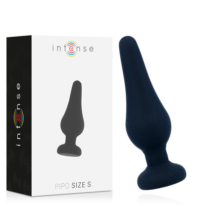 Close-up do Plug Anal Pipo S da INTENSE, em silicone preto, mostrando seu design cônico e superfície lisa.