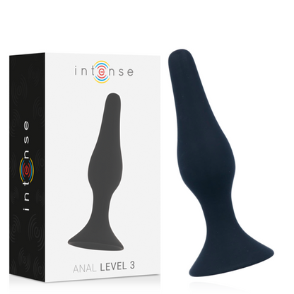 Close-up do INTENSE Plug Anal Nível 3 Silicone 12,5cm Preto mostrando sua forma cónica e material macio.