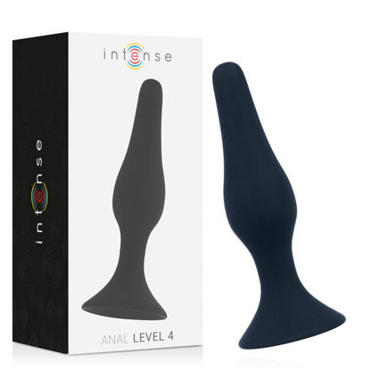 Close-up do Plug Anal INTENSE de Silicone Macio e Gradual 15,5cm, mostrando sua forma cônica e material liso e preto.