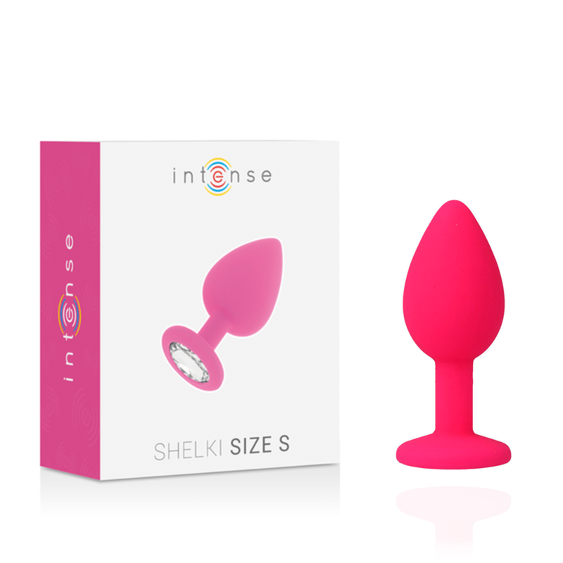 Plug anal Intense Shelki S fúcsia em silicone médico, com base em diamante, visto de perto.