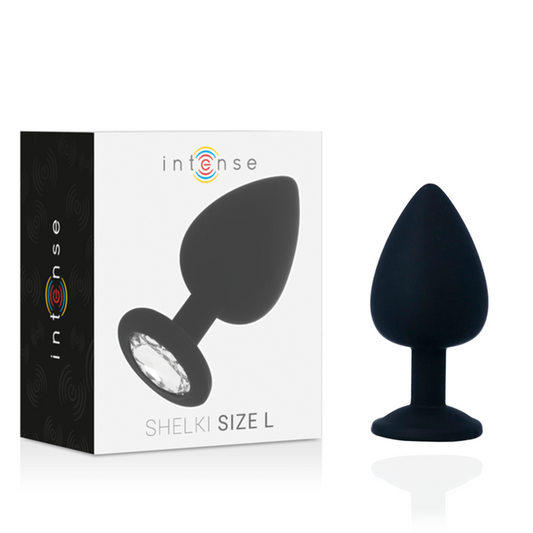 Plug anal Intense Shelki L Preto em silicone macio, com base em diamante para prazer anal seguro e confortável.