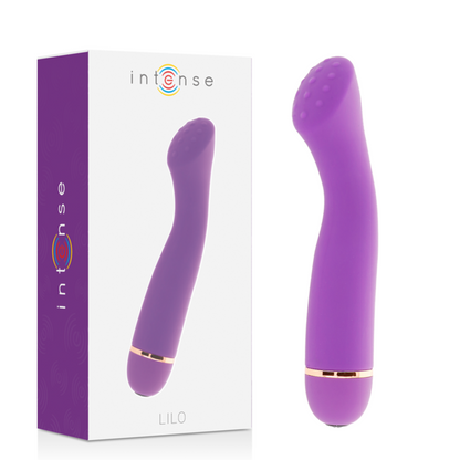 Close-up do Vibrador Intense Lilo em Silicone Lilás, destacando seu design ergonômico e ponta curva para estimulação do Ponto G.