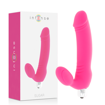 Close-up do Vibrador Intense Açúcar de silicone fúchsia, destacando seu design ergonómico e textura suave.
