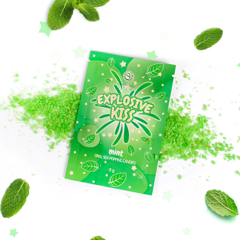Close-up of the SECRETPLAY Doces Explosivos de Menta 9g showing its packaging and texture.
