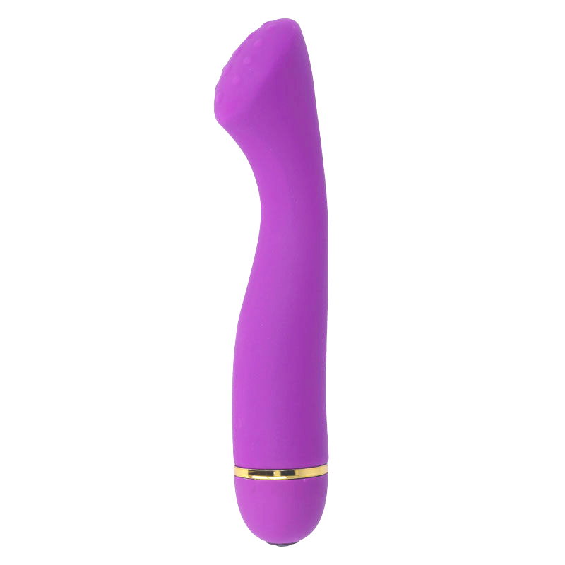 Close-up do Vibrador Intense Lilo em Silicone Lilás, destacando seu design ergonômico e ponta curva para estimulação do Ponto G.