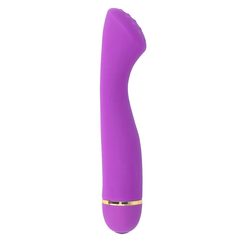 Close-up do Vibrador Intense Lilo em Silicone Lilás, destacando seu design ergonômico e ponta curva para estimulação do Ponto G.
