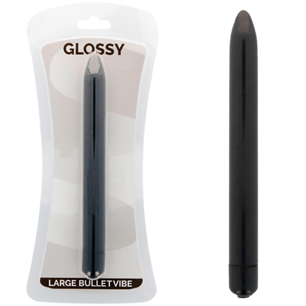 Vibrador Slim GLOSSY preto, design elegante e compacto para prazer discreto.