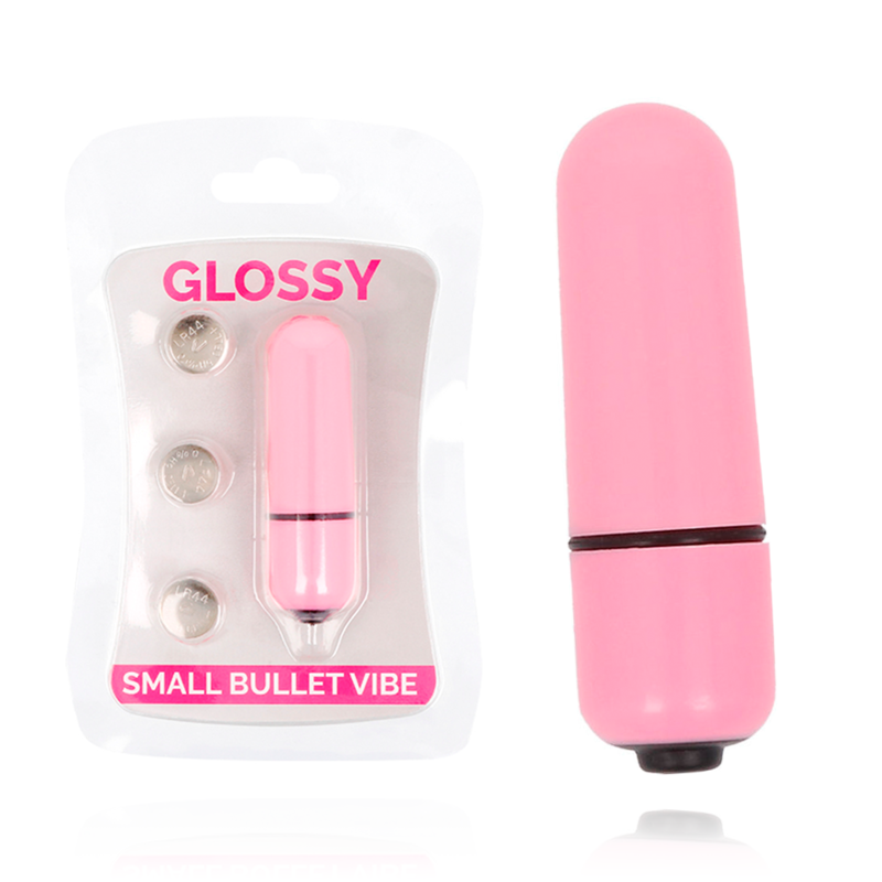 Close-up da Bala Vibratória GLOSSY Pequeno Rosa, destacando seu design compacto e elegante.