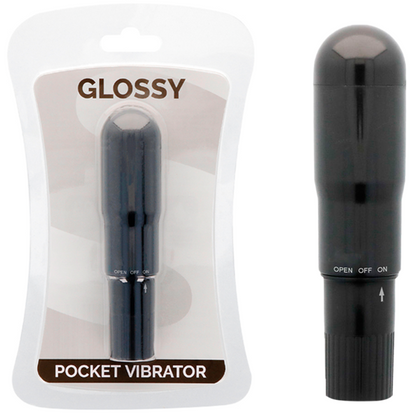 Close-up do GLOSSY Vibrador de Bolso Preto, destacando seu design compacto e elegante.