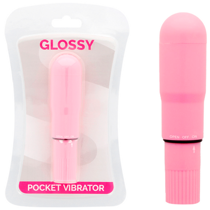Close-up do GLOSSY Vibrador de Bolso Rosa, mostrando seu design compacto e cor.