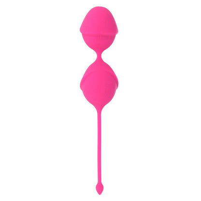 Close-up das Bolas Kegel Karmy Fit Silicone Fúcsia da Intense, mostrando sua forma ergonómica e cor vibrante.