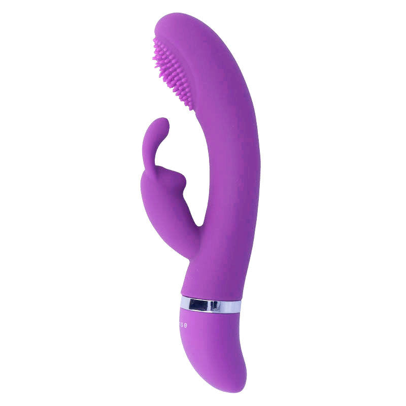 Close-up do Intense Vibrador Susy Silicone Rabbit Oscilante Lilás mostrando seu design ergonómico e estimuladores duplos.