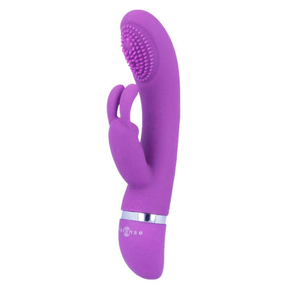 Close-up do Intense Vibrador Susy Silicone Rabbit Oscilante Lilás mostrando seu design ergonómico e estimuladores duplos.