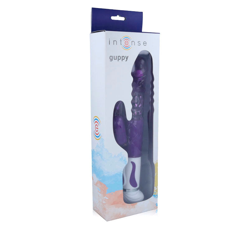 Close-up do vibrador rotador INTENSE Guppy Lilac, destacando seu design ergonômico e estimulador clitoriano.