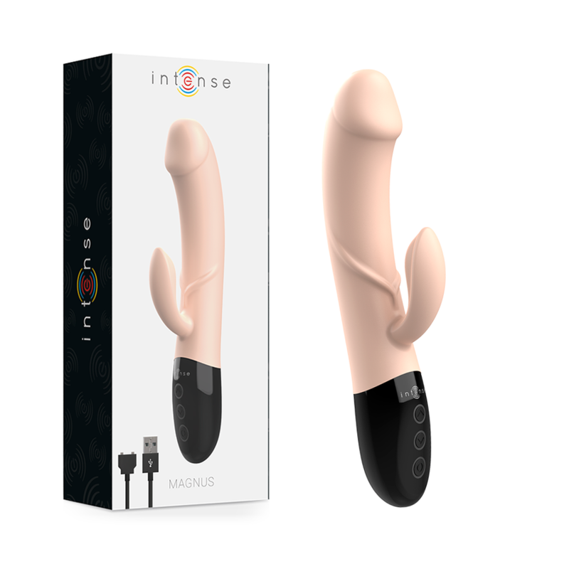 Vibrador recarregável Intense Magnus Dual na cor natural, mostrando o design ergonómico e as estrias para estimulação.