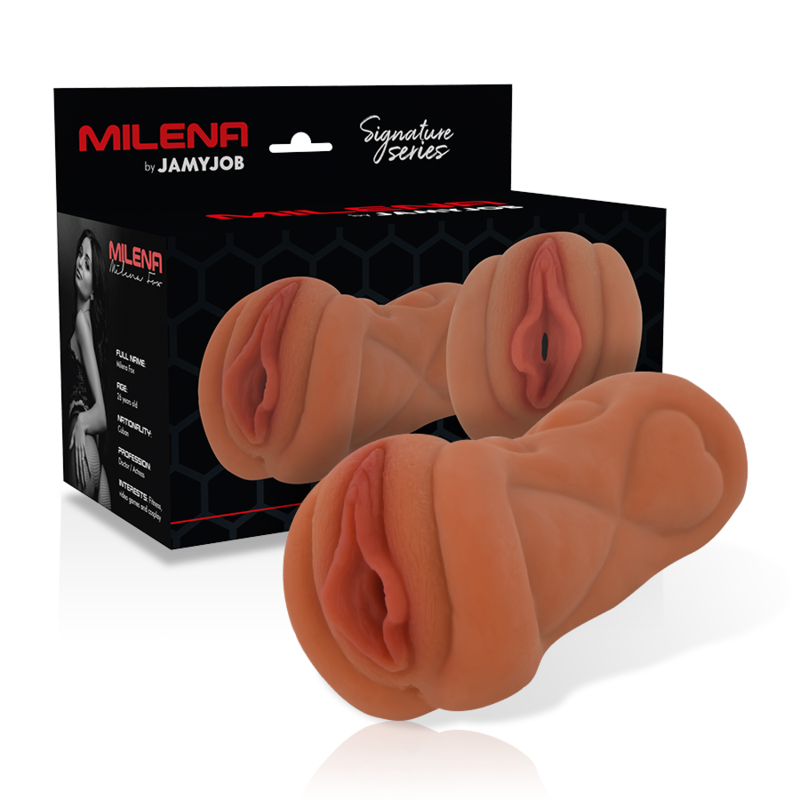Masturbador masculino Jamyjob Signature Milena Vagina, mostrando o material e formato realista.
