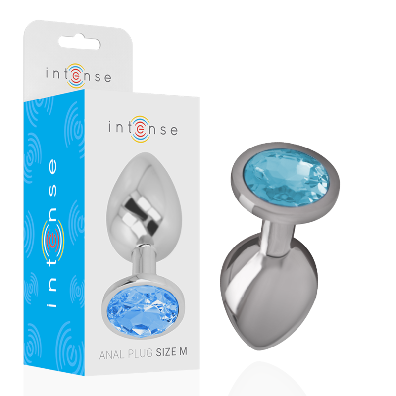 Plug anal Intense de metal com joia azul, tamanho M, exibindo seu design elegante e material brilhante.