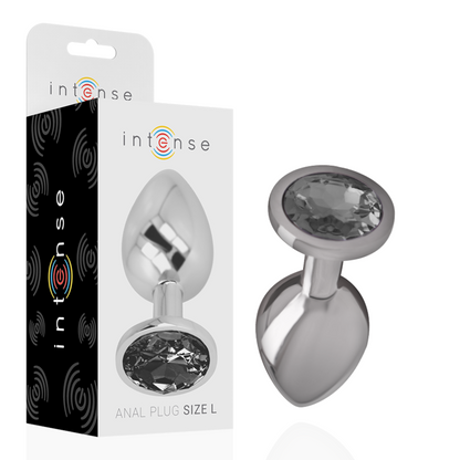 Close-up do Plug Anal Intense de Metal com Joia Diamante Vidro Preto Tamanho L, destacando seu design luxuoso.