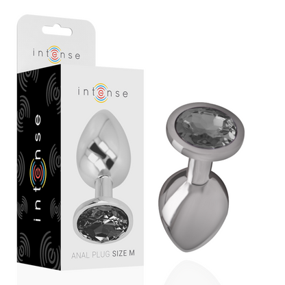 Close-up do Plug Anal Intense de Metal com Joia de Vidro Preto M, mostrando seu design luxuoso e material.