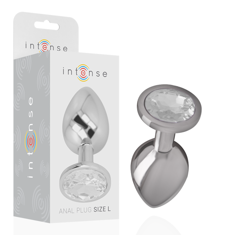 Plug Anal Intense de Metal com Cristal Prata Tamanho L, mostrando o detalhe da joia e o acabamento metálico.