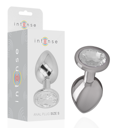 Close-up do Plug Anal de Metal Intense com Cristal Prata Tamanho S, destacando o design elegante e a joia.