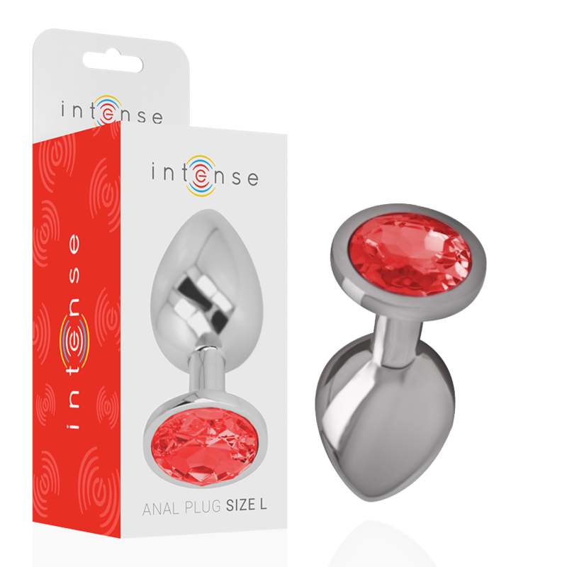 Close-up do Plug Anal Intense de Metal com Cristal Vermelho Tamanho L, mostrando o design elegante e o detalhe do cristal.
