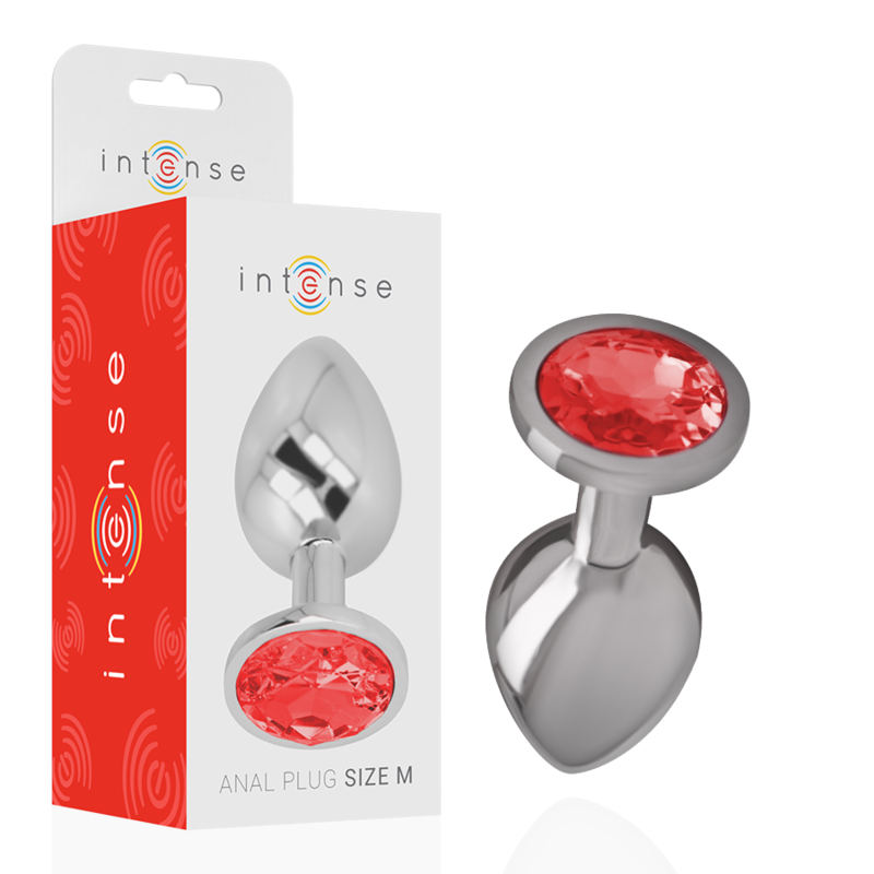 Close-up do Plug Anal Intense™ de Metal com Cristal Vermelho Tamanho M, destacando o design luxuoso e o material de alta qualidade.