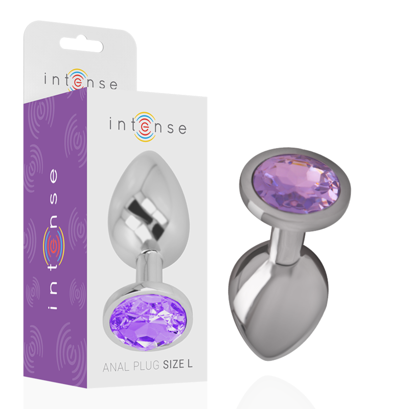 Intense Plug Anal de Metal com Cristal Violeta Tamanho S, mostrando seu design luxuoso e o detalhe do cristal.