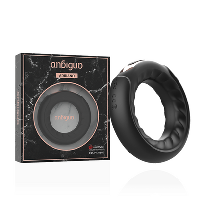 Anel Vibrador ANBIGUO Adriano em silicone preto, com detalhes vibratórios e design ergonómico.