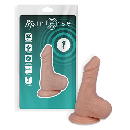 Close-up do Dildo Realista MR INTENSE 14.6 cm, mostrando sua textura suave e ventosa.