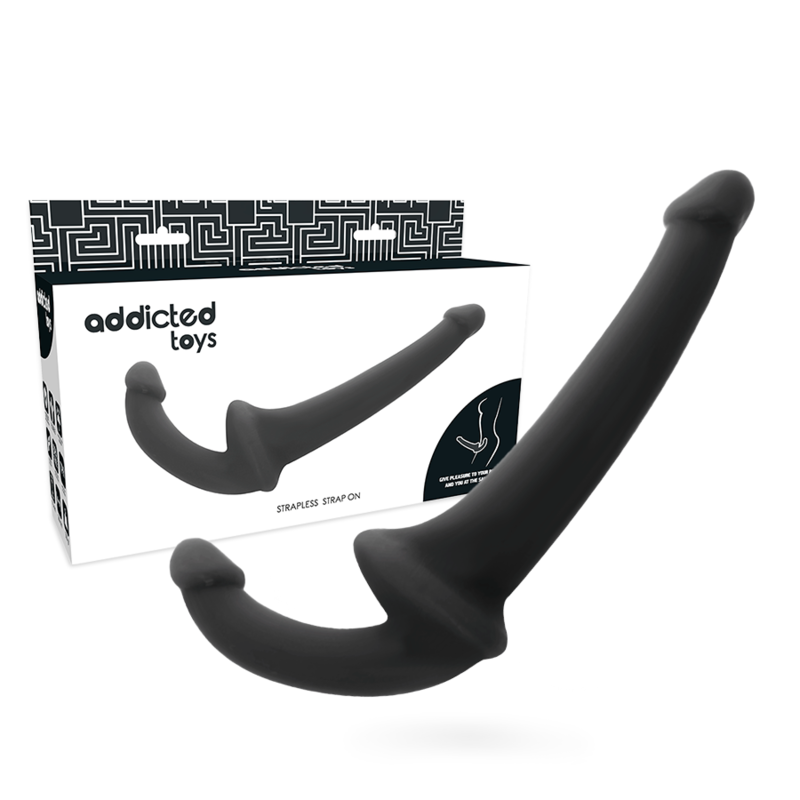 ADDICTED TOYS Dildo Duplo Sem Arnês Preto, detalhe de textura e formato ergonómico para estimulação do ponto G.