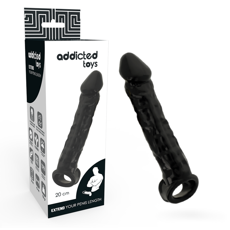 Extensor peniano preto ADDICTED TOYS, com anel para testículos e material macio para aumento de comprimento e circunferência.