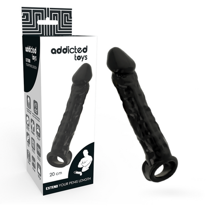 Extensor peniano preto ADDICTED TOYS, com anel para testículos e material macio para aumento de comprimento e circunferência.