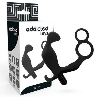Close-up of the ADDICTED TOYS Plug Anal Vibratório com Anel Peniano Duplo e Testículos, showing its black color and smooth TPR texture.