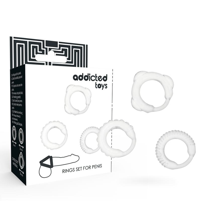 Imagem do Conjunto de Anéis Penianos ADDICTED TOYS Claro, mostrando os três tamanhos e o material transparente.