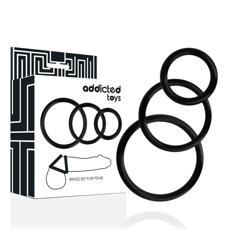 Imagem de um conjunto de 3 anéis penianos superelásticos Addicted Toys na cor preta, mostrando os diferentes diâmetros.