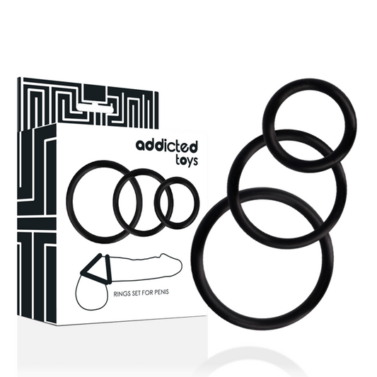 Imagem de um conjunto de 3 anéis penianos superelásticos Addicted Toys na cor preta, mostrando os diferentes diâmetros.