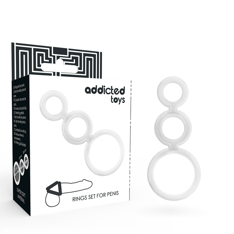 Conjunto de Anéis Penianos Transparentes Addicted Toys, mostrando os três tamanhos e o material flexível.
