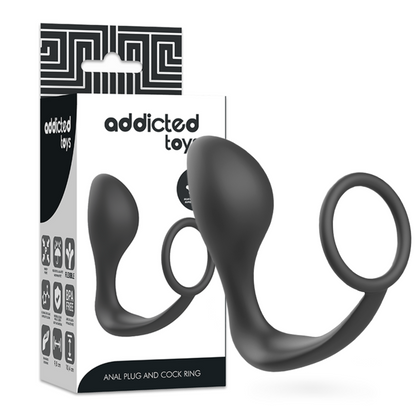 ADDICTED TOYS Plug Anal com Anel Peniano de Silicone Preto, exibindo o design e a textura macia.
