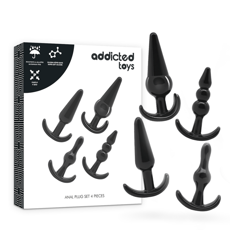 Close-up do Conjunto 4 Plugs Anais da Addicted Toys, mostrando os diferentes tamanhos e a flexibilidade do material.